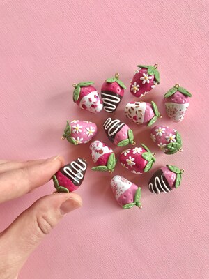 Chocolate dipped strawberry earrings, daisy strawberry earrings, strawberry jewelry kawaii food jewelry, miniature food jewelry - image4